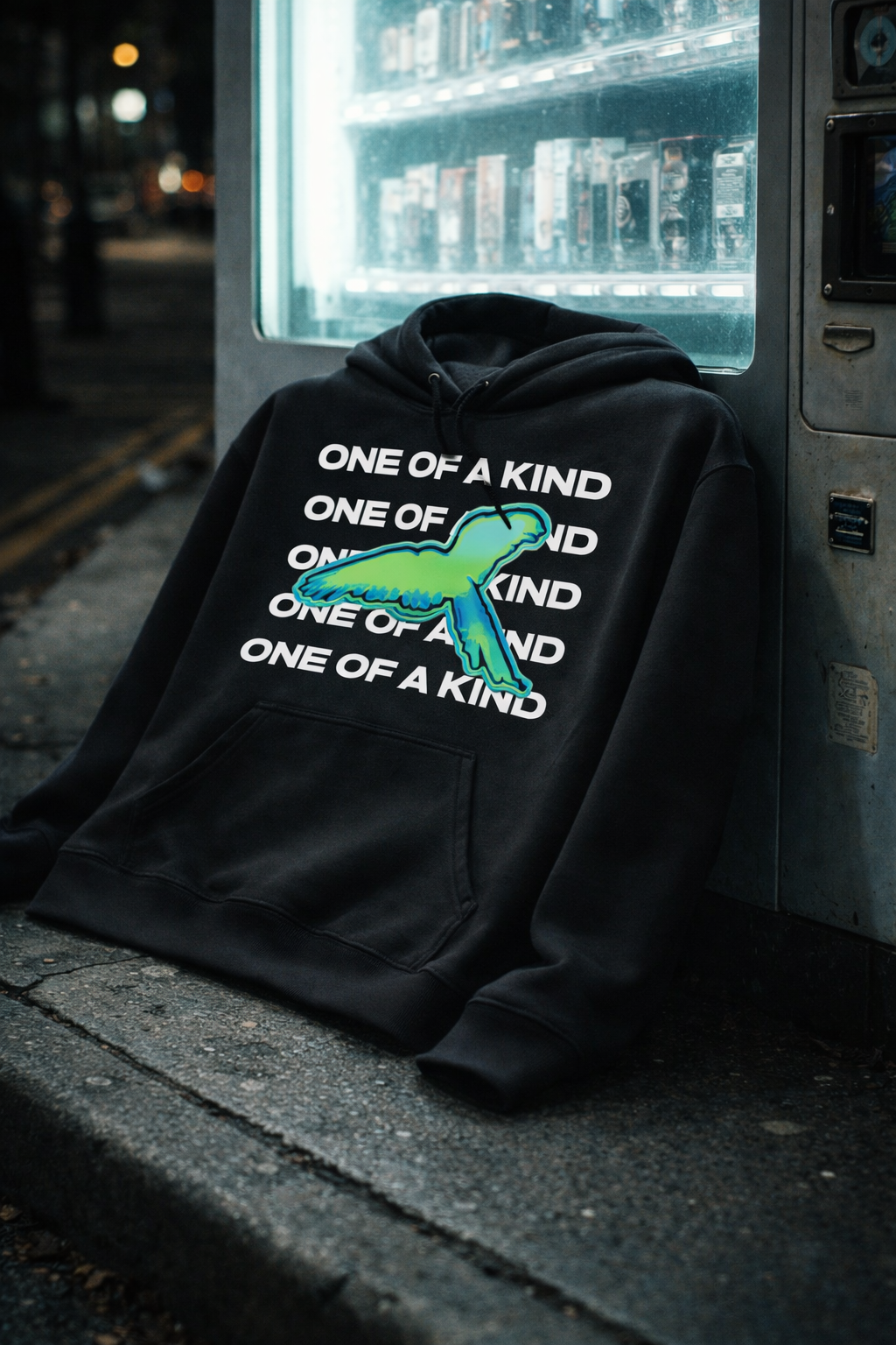 Black hoodie with dinosaur graphic and text 'One of a Kind' on a sidewalk at night.