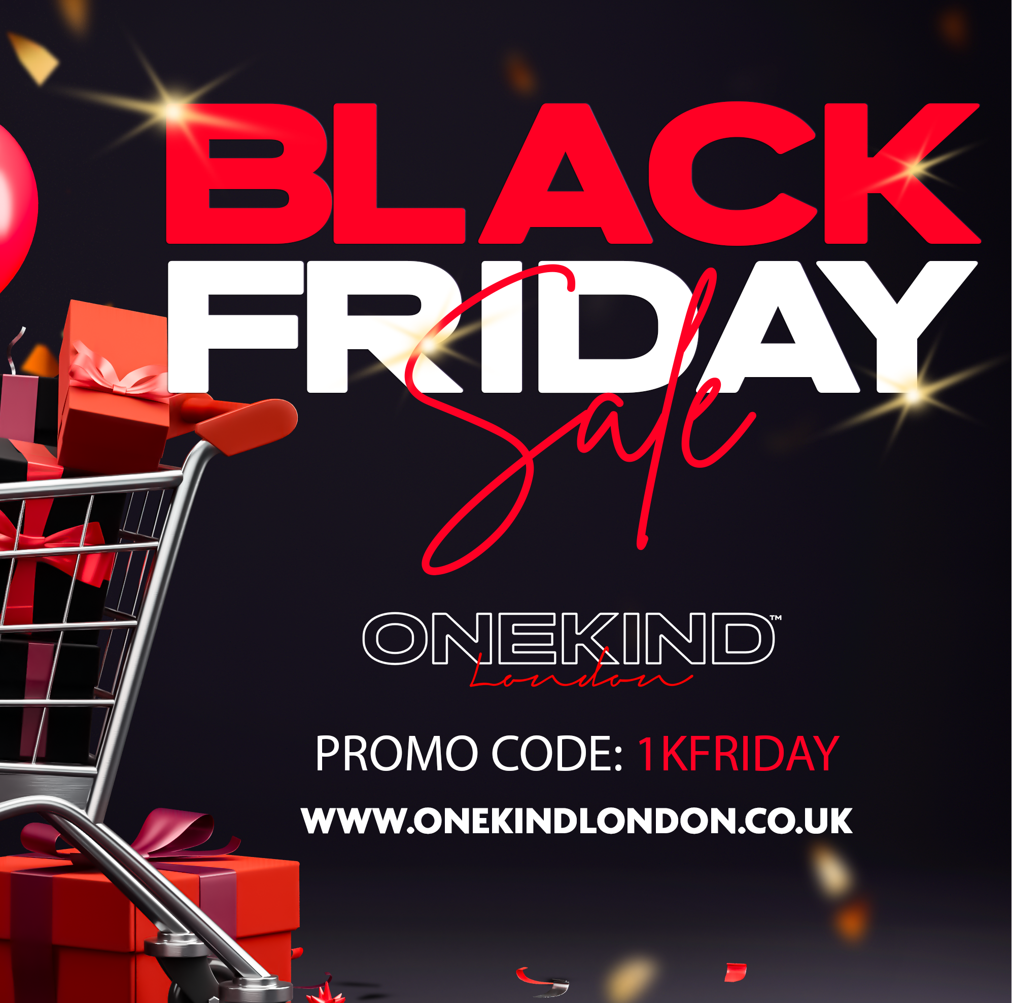 Black Friday sale advertisement with a shopping cart, balloons, and presents on a dark background.